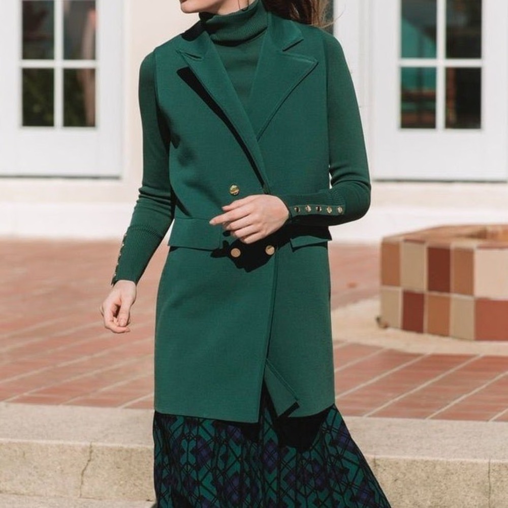 Aleeza Paris Long Knit Blazer Vest Emerald‎ Green Double Breasted Longline XS
